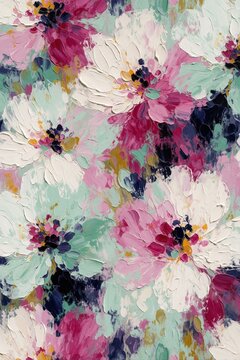 Abstract seamless pattern with bold painterly floral texture. Large white, pink flowers bloom with expressive brush strokes. Colorful botanical art background features turquoise, navy accents.