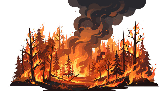 Massive forest wildfire disaster with burning trees and heavy smoke vector illustration