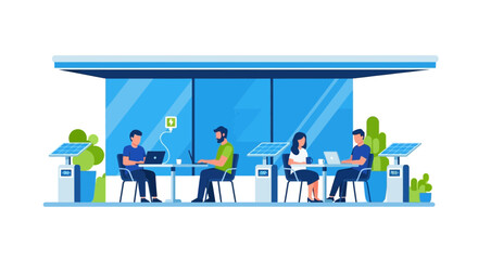 Fototapeta premium People Working in Outdoor Coworking Space Powered by Solar Panels Flat Vector Illustration. Sustainable Energy and Remote Work Concept with Solar Powered Charging Stations.