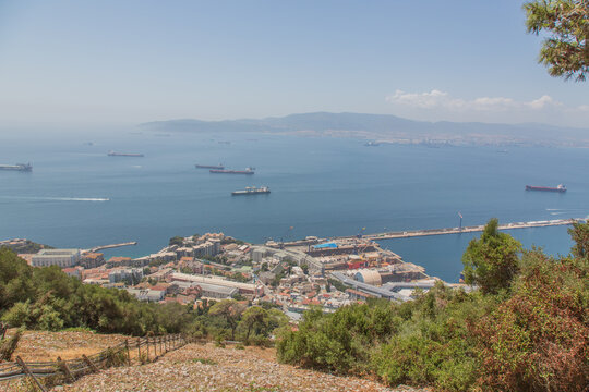View over Gibraltar, the harbour and the bay of Gibraltar (Algeciras) as seen from the rock of Gibraltar