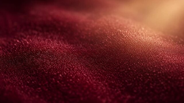 Abstract wavy red velvet fabric flowing slowly with golden light. Luxury textile background moving with elegance and grace