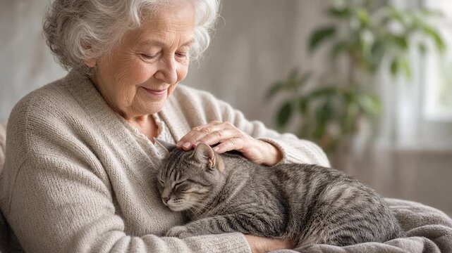 Elderly grandmother affectionately caressing her sleeping tabby cat on her lap while relaxing at home in an armchair