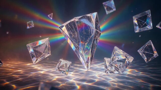 Levitating diamond prisms creating a mesmerizing rainbow spectrum through light dispersion and refraction over caustic water reflections