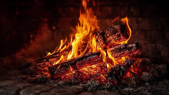 Warm bonfire with burning wood logs inside a cozy fireplace creating a relaxing and peaceful atmosphere for the holidays
