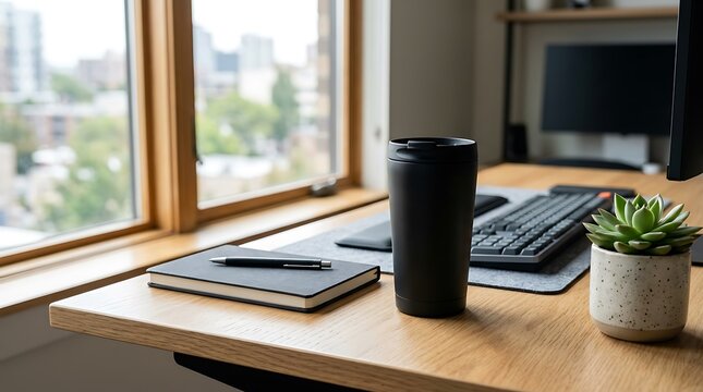A compact travel tumbler on a wooden office desk next to a notebook and a keyboard with a city window view