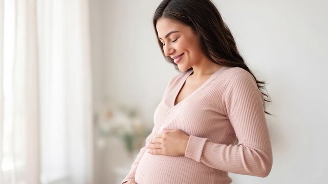 Happy pregnant woman tenderly stroking her belly while standing by the window at home. Motherhood and maternal connection