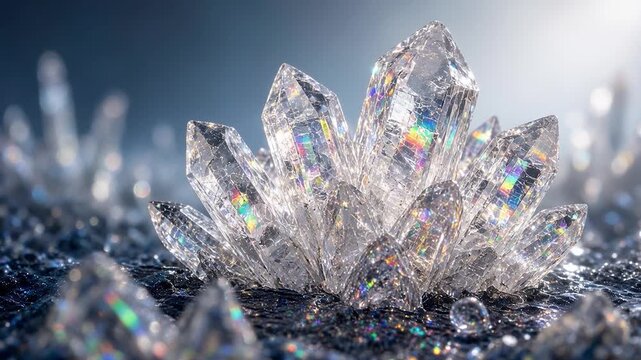 Clear quartz crystal cluster sparkling with rainbow light refractions on a dark, glittery surface and a soft blue background
