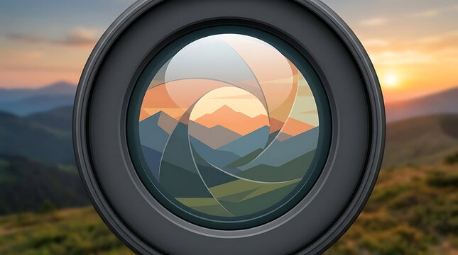 Mountain landscape sunset viewed through a camera lens.