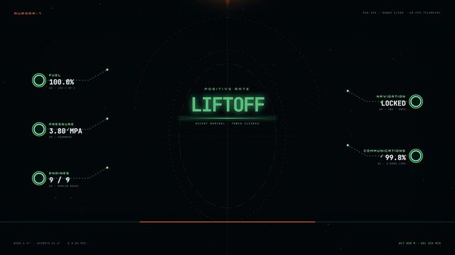 Futuristic rocket launch sequence animation with digital telemetry dashboard and liftoff countdown.