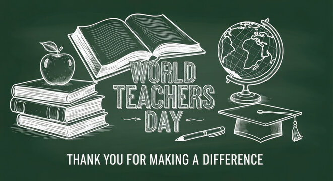 Open books globe and apple sketch for teachers day with chalkboard background