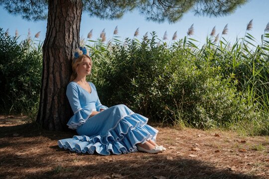 Beautiful blonde woman wears traditional light blue Andalusian flamenco dress. Sits resting under tree shade in countryside. Young Spanish girl in regional folk costume enjoys quiet moment during