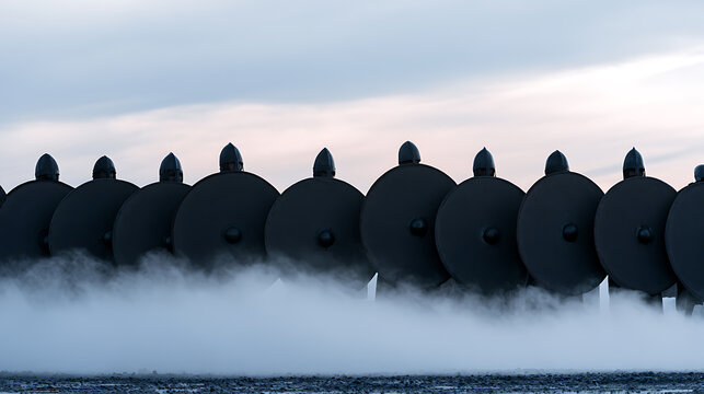 An ancient army of medieval warriors stand in a protective shield wall formation on a foggy battlefield with dramatic cloudy sky background