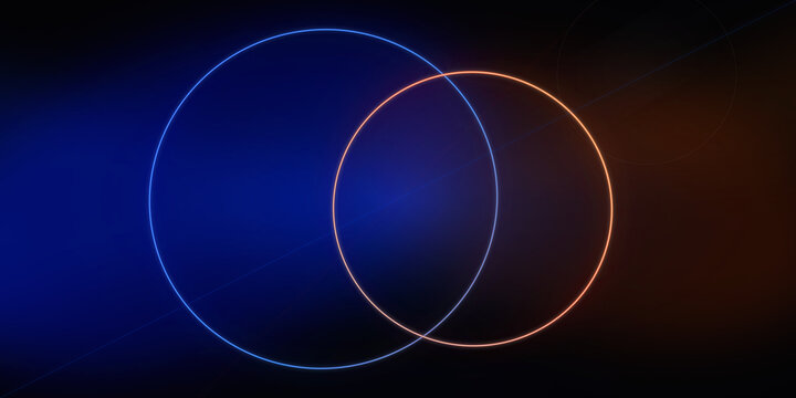 Intersecting glowing blue and orange neon rings abstract design on transparent background