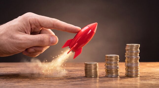 Hand launching a red rocket toy towards stacks of coins representing financial growth