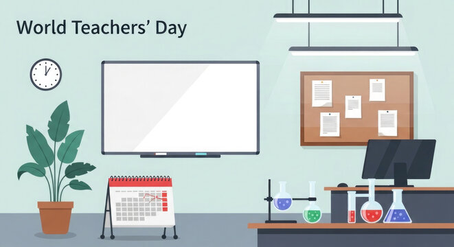 World Teachers Day illustration with classroom elements and a blank whiteboard