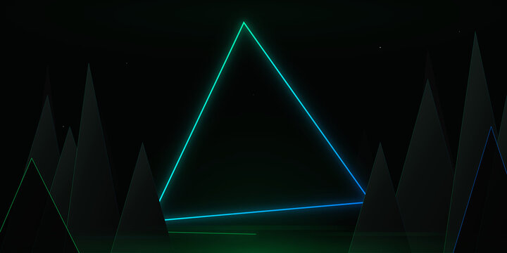 Glowing neon triangle frame amidst dark geometric mountain shapes on transparent background