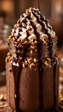 Dark chocolate fudge cascades over a rich milkshake topped with whipped cream and toasted hazelnuts.