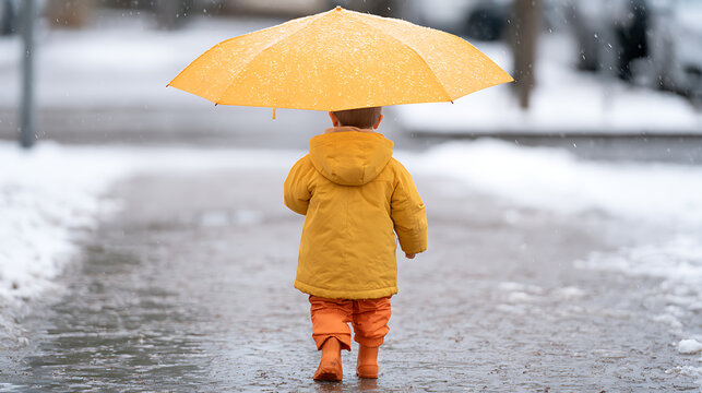 A small child in a bright yellow jacket walks on a snowy path while holding a vibrant yellow umbrella during a cold winter snowstorm today