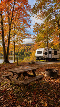 Fall lakeside campsite with a parked travel trailer, picnic table, campfire ring and vibrant autumn foliage
