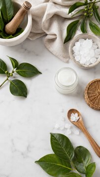 Top-view spa flat lay with cream jar, salt crystals, mortar and pestle, wooden spoon and green leaves on marble for natural skincare and DIY beauty