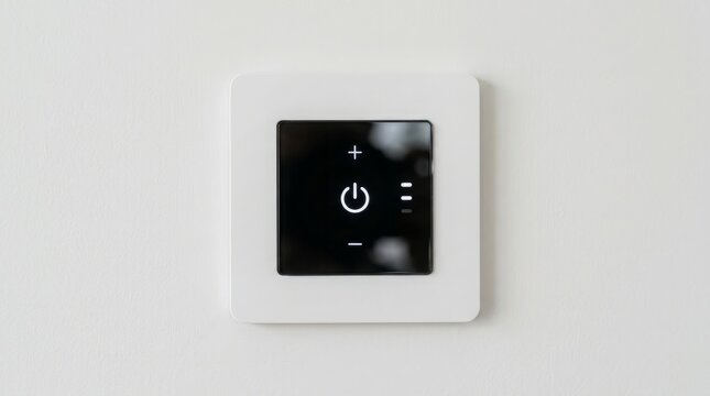 Control panel featuring a glossy dark touchscreen interface surrounded by a matte white square frame mounted on a neutral painted wall surface.