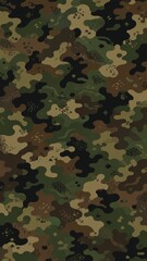 Fototapeta premium Woodland camouflage pattern with green, brown, black and khaki organic splotches for military and outdoor design