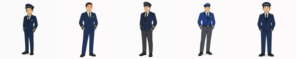 Obraz premium A set of vector illustrations of a male pilot model posing while standing with his hands in his pockets.
