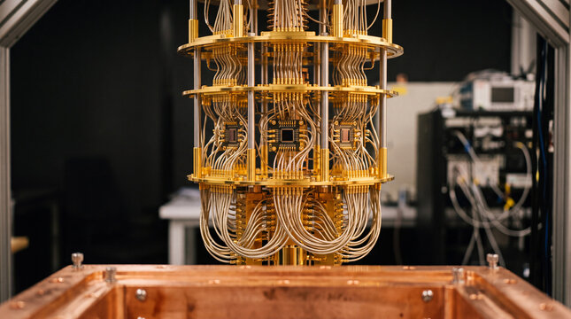 Gold-plated quantum processor and cryogenic wiring inside a dilution refrigerator in research lab