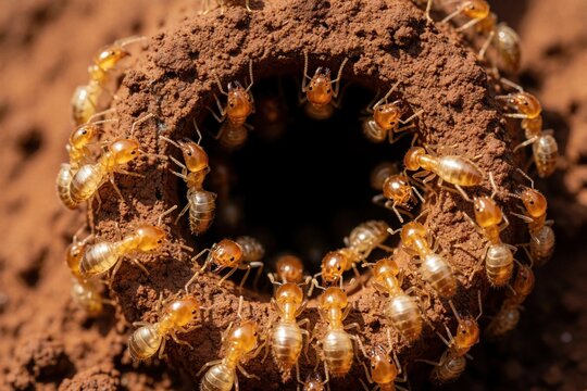 Many light brown ants build mud tunnel entrance. Insects work together on earthy structure creating colony underground. Macro view shows creepy crawly creatures busy in natural habitat.