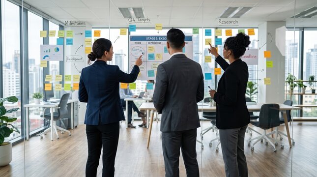 Diverse business team brainstorming strategy on glass wall with sticky notes and charts, colleagues analyzing Q4 targets and milestones in modern office, collaborative project