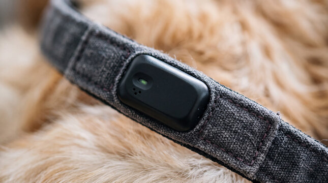Close-up of dog collar with gps tracker attached on golden fur for pet safety monitoring