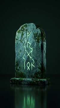 Ancient moss-covered runestone glowing with mystical green runes on a dark, reflective surface, evoking a sense of mystery and old magic.