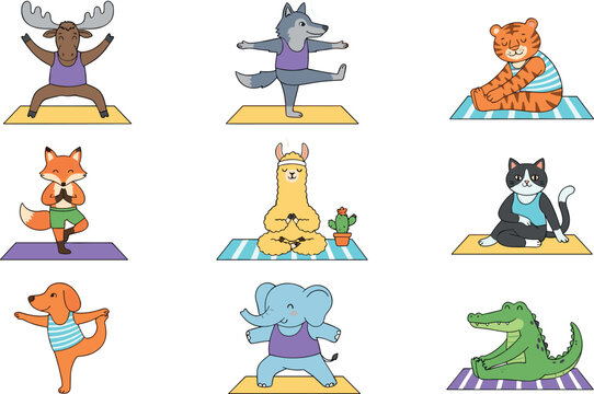 Cute Animal Doing Yoga Vector Set with Moose, Wolf, Tiger, Fox, Llama, Cat and Elephant on Mat Illustration