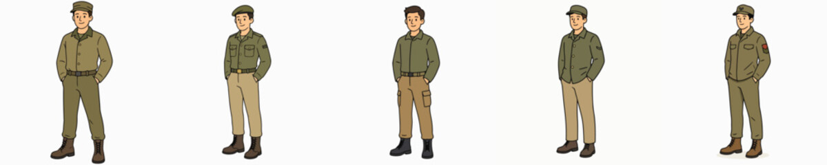 Obraz premium A set of male soldier vectors posed standing with hands in pockets.
