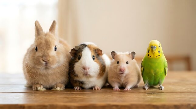 Group of small pets including a rabbit, guinea pig, hamster and parakeet sitting together