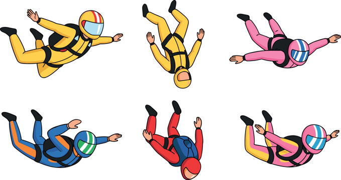 Skydiver Vector Set with People in Colorful Jumpsuits Free Falling Extreme Sport Adventure Illustration