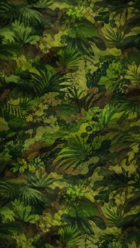 Dense tropical camouflage pattern with layered green leaves and foliage textures