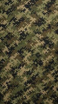 Digital pixelated green and brown camouflage pattern for military, tactical, and outdoor concealment backgrounds