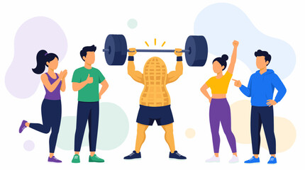 Obraz premium National Peanut Day illustration featuring a group of friends cheering for a person lifting heavy weights in a gym.