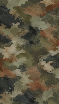 Abstract olive, khaki and brown camouflage pattern with grunge brushstrokes and paint splatter texture