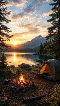 Sunset lakeside mountain camping scene with tent, glowing campfire, and mirrored water
