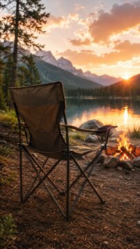 Folding camping chair beside a campfire at a lakeside mountain sunset reflecting peaks and pines