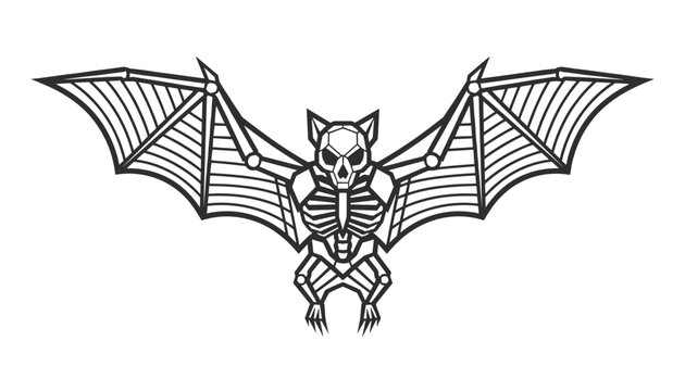 Geometric line art drawing of a bat skeleton or mechanical robotic bat with wings spread wide in flying stance.