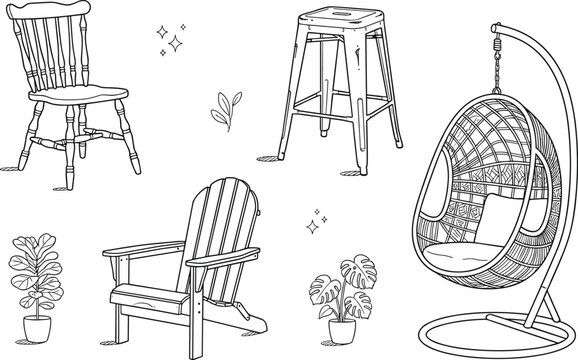 Home Furniture and Chairs Doodle Vector Set with Wooden Dining Chair Bar Stool Adirondack Lounge Chair Hanging Egg Chair and Potted Plants Isolated on White Background