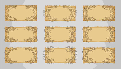 Fototapeta premium Collection of elegant vintage scroll paper banners decorated with ornate calligraphic flourish frames in classic vector design.
