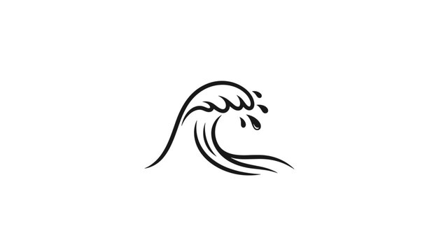 Dynamic brush stroke illustration of a single curling ocean wave with splash drops in minimalist design.
