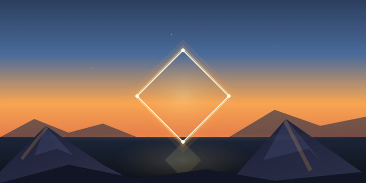 Minimalist glowing rhombus floating above abstract geometric mountain on transparent background