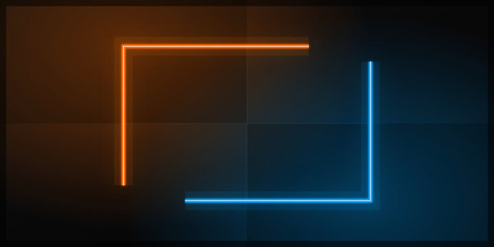 Abstract neon l shaped corner frames in orange on transparent background