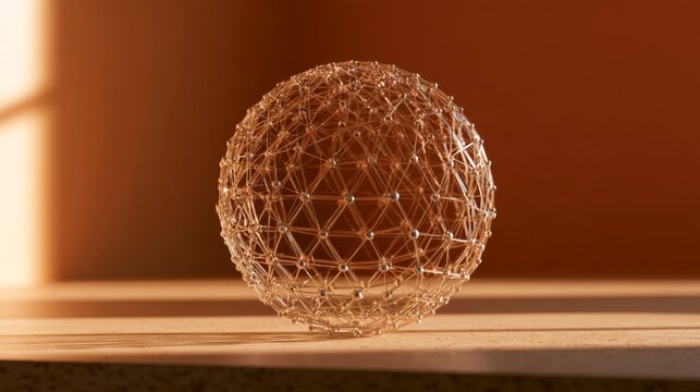 Intricate geodesic sphere structure with metallic nodes and warm lighting