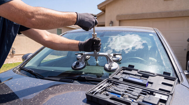 Technician using a resin injector tool on a cracked windshield chip in a driveway